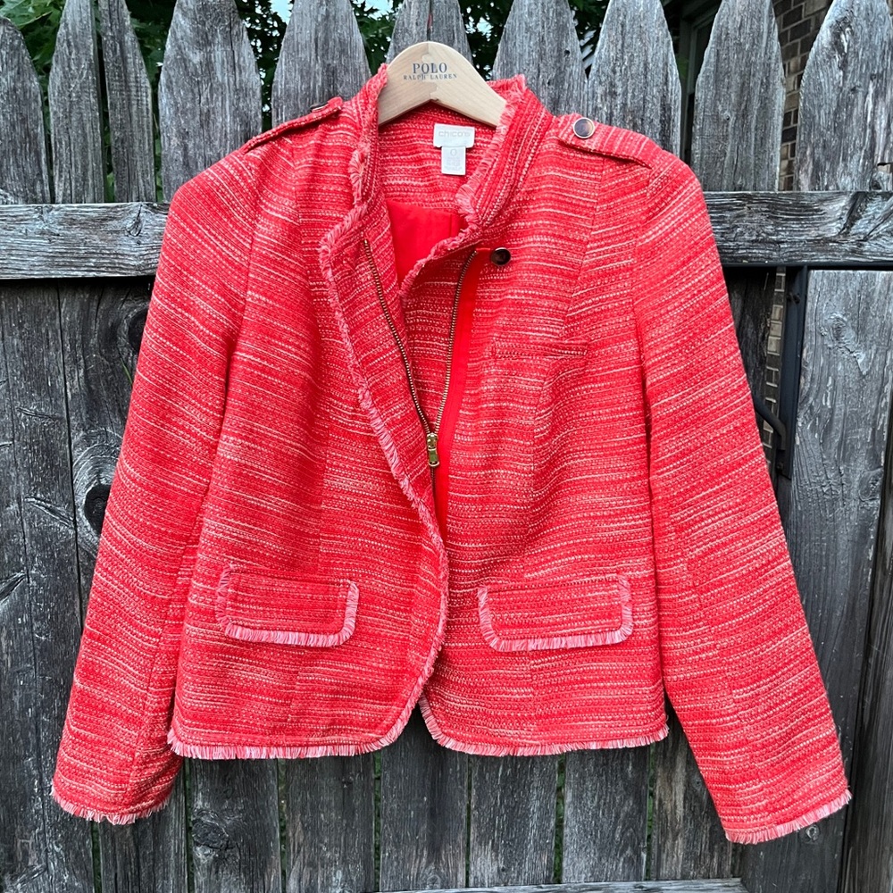 Chicos Red/Orange Biker Fringe Blazer Coat Sz 0